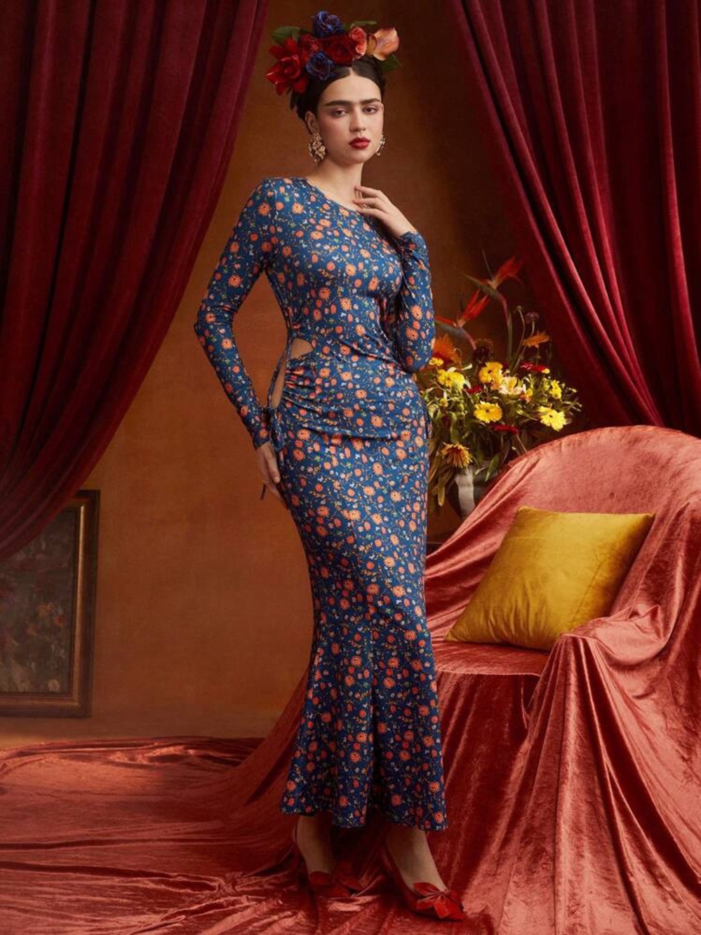 Frida Kahlo X SHEIN Navy Floral Long-Sleeve Fitted Maxi Dress